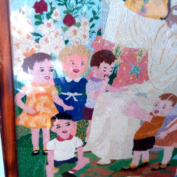 1951 Signed Crewel Cross Stitch Finished Jesus With Children 10x13 - Picture 3 of 6